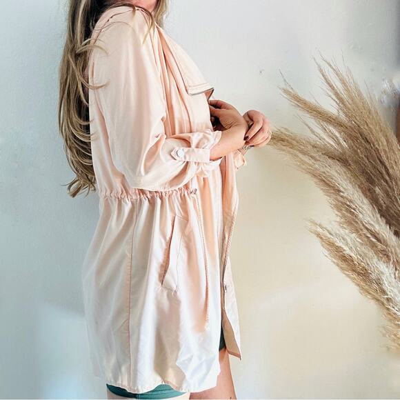 F21 FOREVER 21 Peach Pink Offset Zipper Light Hooded Anorak Trench Coat Jacket L - Picture 4 of 11